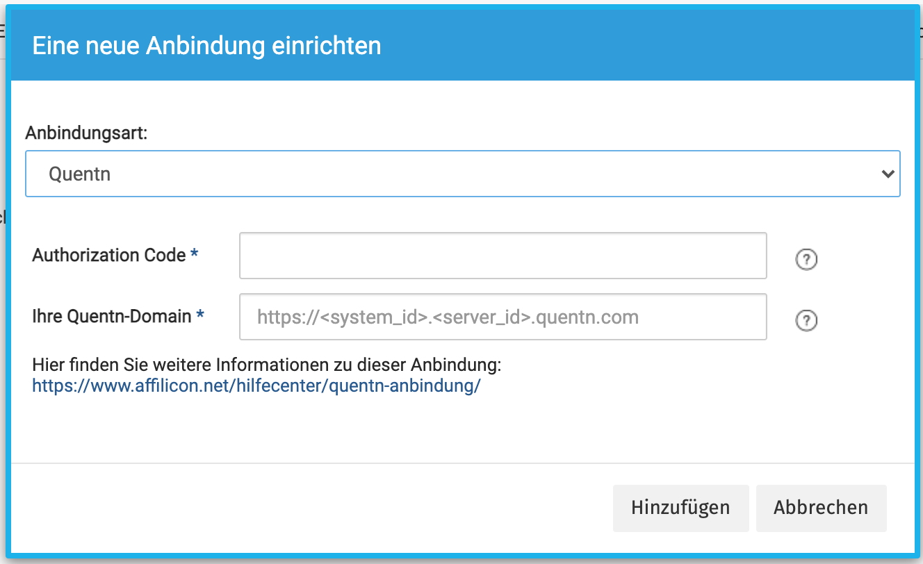 Anbidnung für Quentn bei AffiliCon einrichten