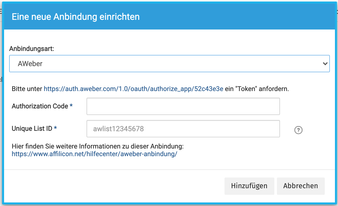 Anbindung zu AWeber einrichten